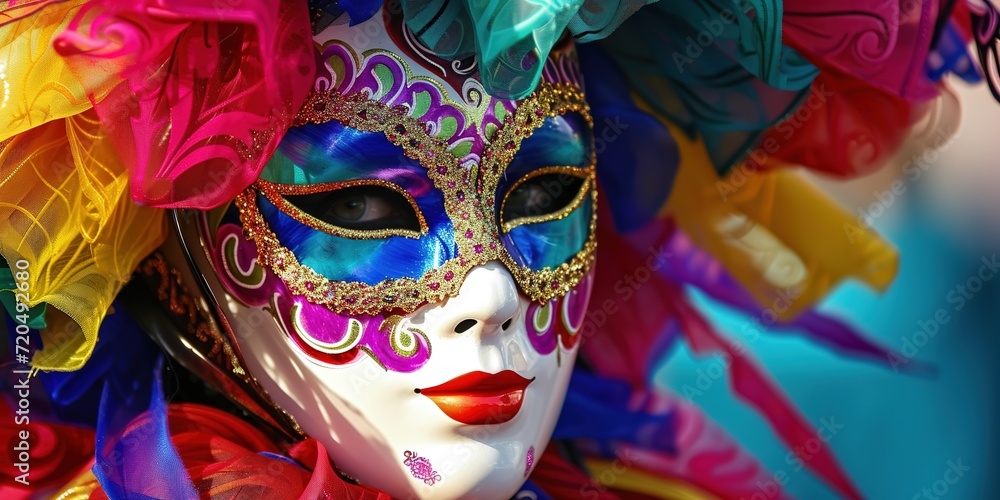 Woman wearing a colorful eleborate venetian carneval mask. 