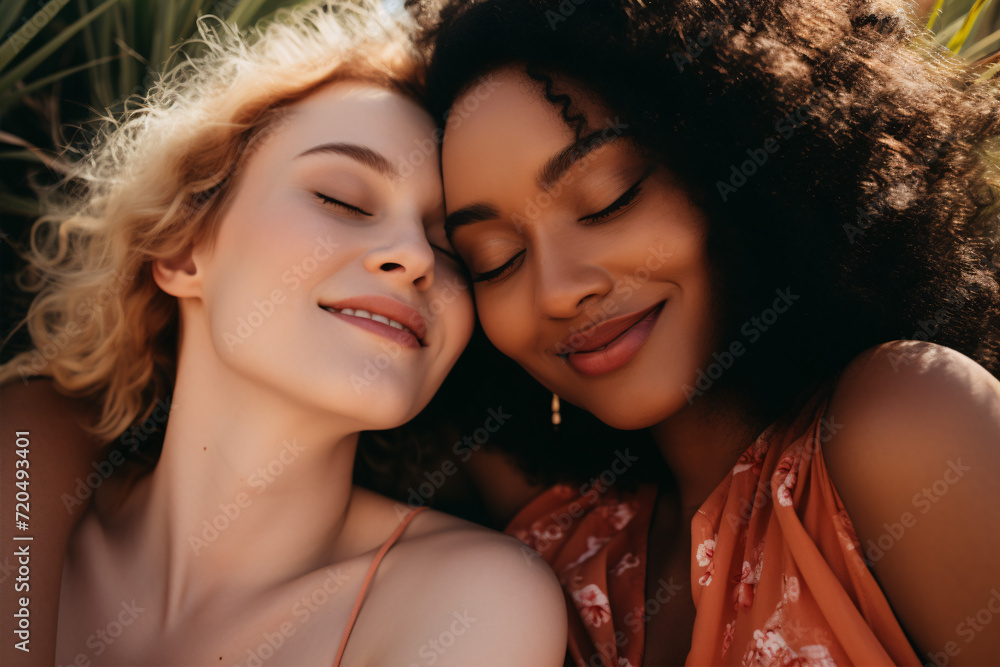 Fototapeta premium Cheerful multicultural female buddies embracing alfresco, contentedly embracing with eyes shut.