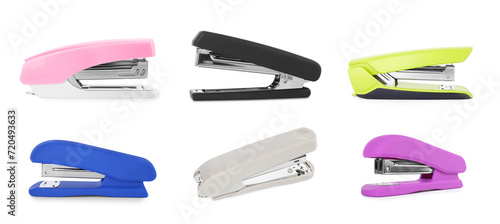 Different colorful staplers isolated on white, collection