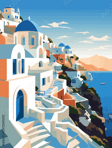 Illustration of Santorini Greece Travel Poster in Colorful Flat Digital Art Style