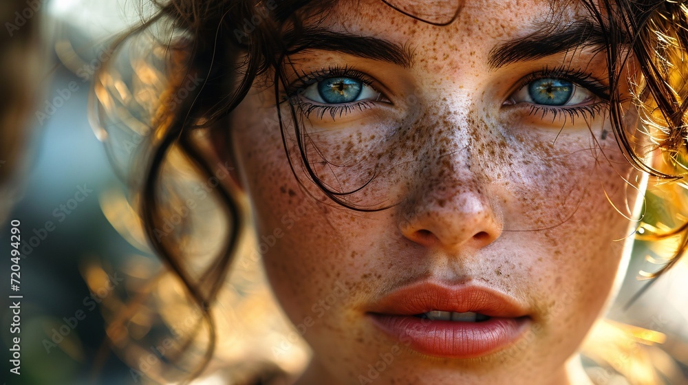 Close-up of a youthful lady's freckled visage. Close-up of a youthful lady's freckled visage.