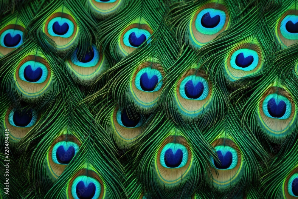 Obraz premium Peacock feather background, Abstract peacock feather, macro close up. Blue peacock feathers in closeup details, Ai generated