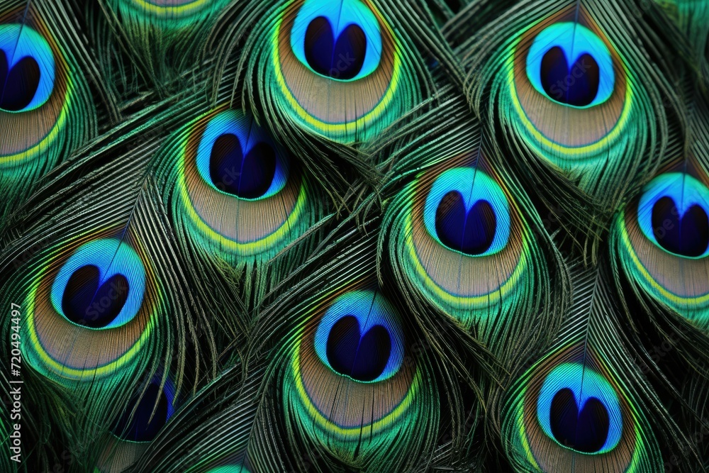 Obraz premium Peacock feather background, Abstract peacock feather, macro close up. Blue peacock feathers in closeup details, Ai generated