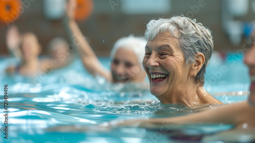 Joyful Senior Women Enjoying Water Aerobics Class in Swimming Pool - Active Lifestyle, Fitness, Wellbeing, Happiness, Aquatic Exercise, Health, Community, Recreation
