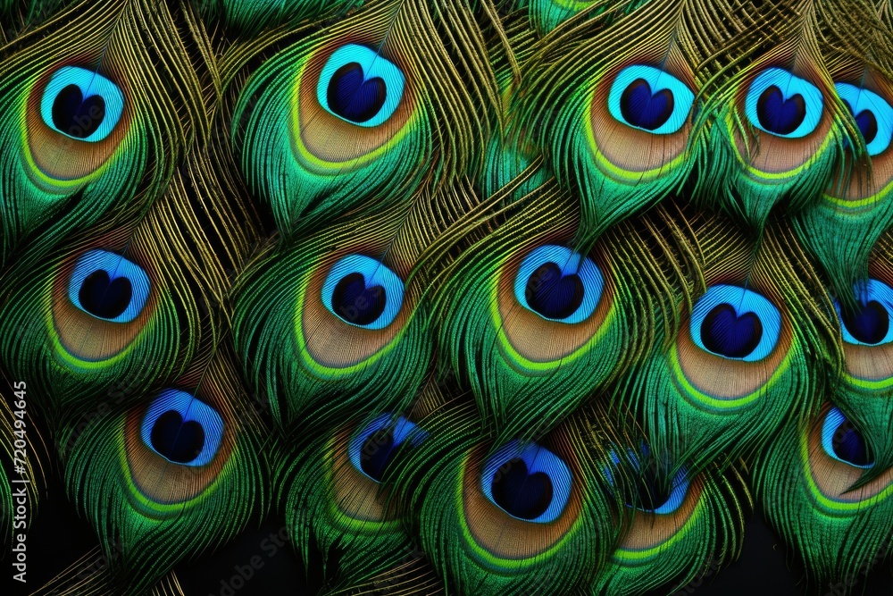 Obraz premium Peacock feather background, Abstract peacock feather, macro close up. Blue peacock feathers in closeup details, Ai generated