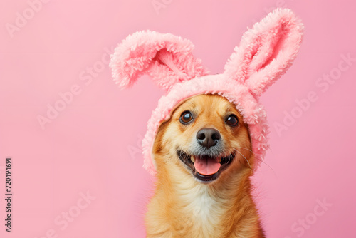 Funny cute dog celebrating with Happy Easter day on background.