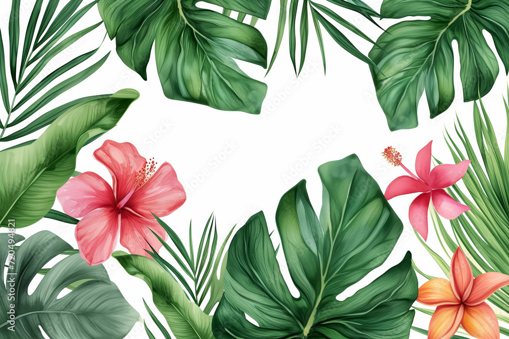 Tropical plants and flowers painted in watercolour on a white background pattern