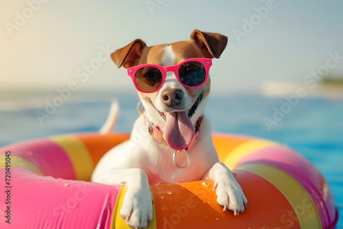 Happy dog with sunglasses and floating ring in summer vacation. © Pacharee