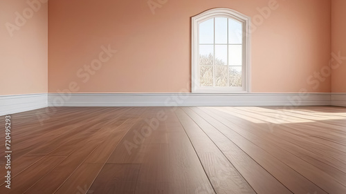 A brightly lit empty peach-colored room with highlights on the walls and a wooden floor. Product presentation.