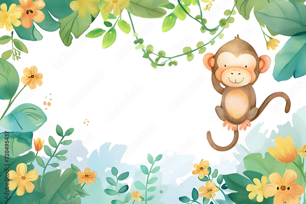 Obraz premium Cute cartoon monkey frame border on background in watercolor style.