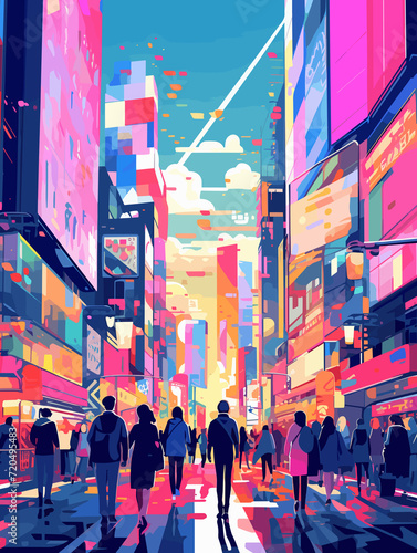 Illustration of Tokyo Japan Travel Poster in Colorful Flat Digital Art Style