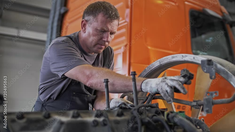 Auto service mechanic inspects and diagnoses the failure of a large gasoline truck motor removed from a van Auto service mechanic inspects and diagnoses the failure of a large gasoline truck motor removed from a van