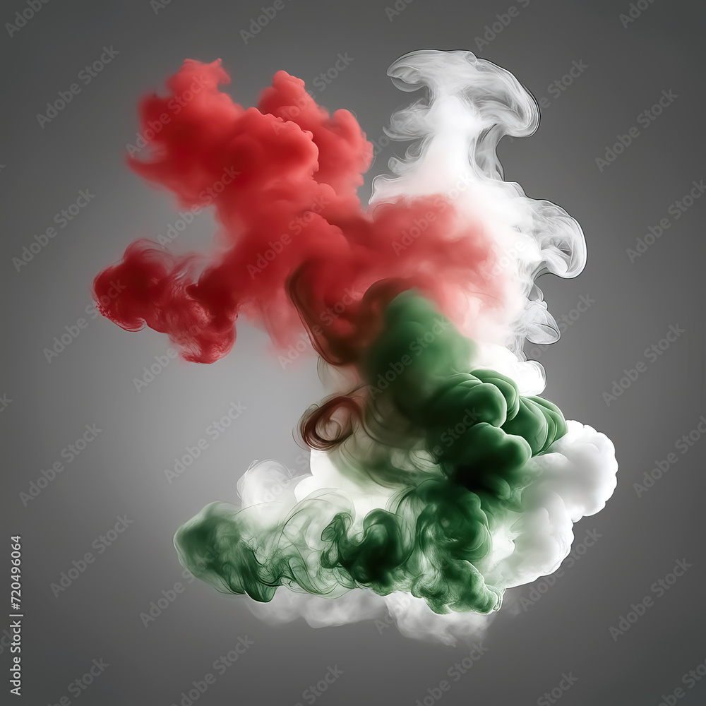 Close-up of abstract red, green and white smoke on a gray background, moving freely in the air. Close-up of abstract red, green and white smoke on a gray background, moving freely in the air.