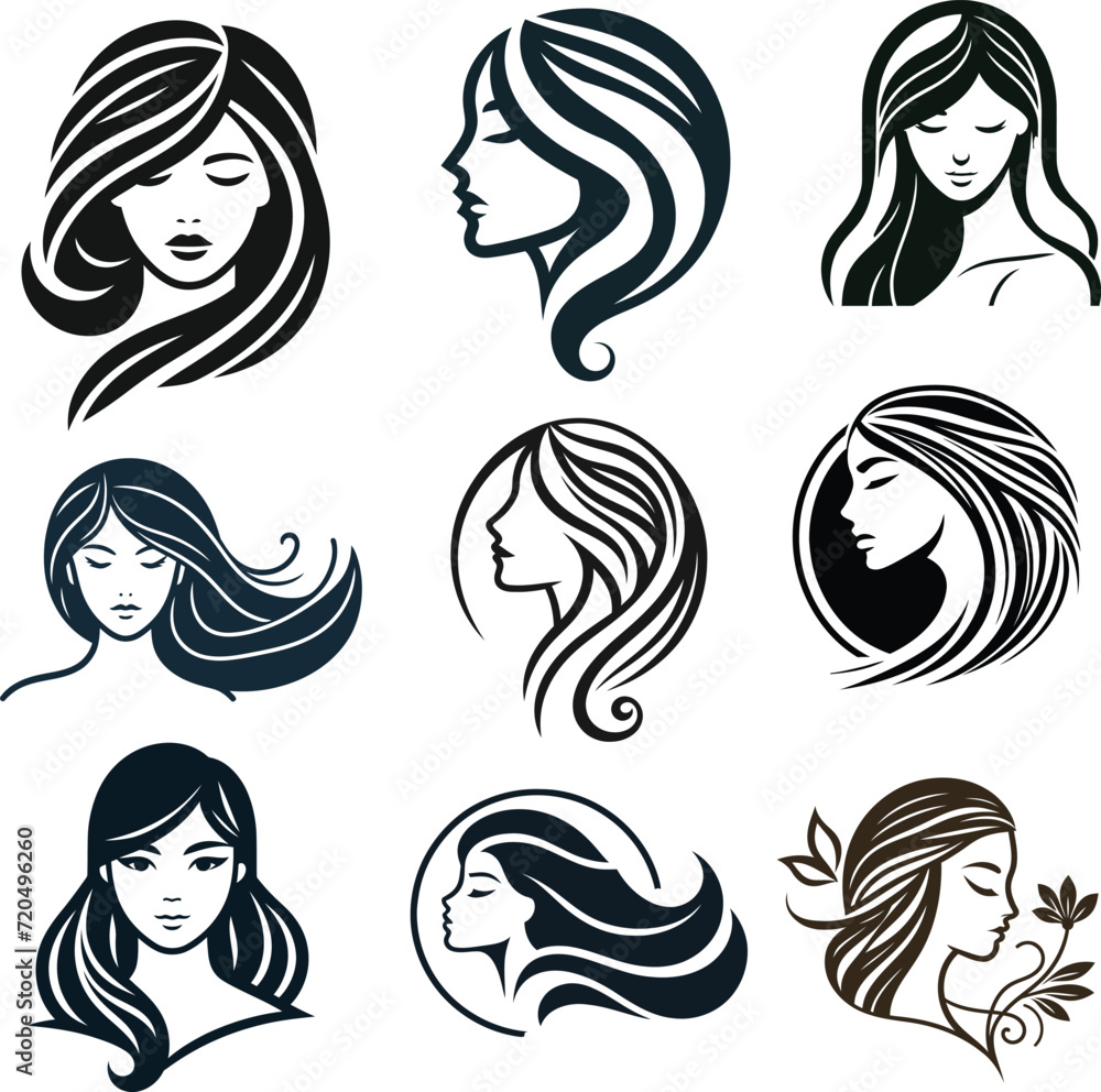 Beautiful minimalist vector woman icon head and hair symbol illustration for beauty or health 
