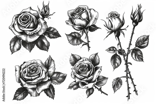 Set of decorative hand drawn roses isolated on white. Flower icon. Vector illustration