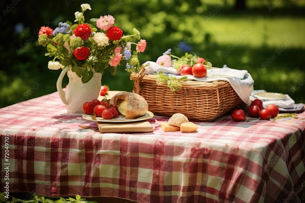Picnic basket on the tablecloth in summer garden, Summer picnic background. Cute Wicker basket with foods, fruits. the tablecloth on the grass, Ai generated Picnic basket on the tablecloth in summer garden, Summer picnic background. Cute Wicker basket with foods, fruits. the tablecloth on the grass, Ai generated