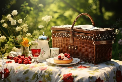 Picnic basket on the tablecloth in summer garden, Summer picnic background. Cute Wicker basket with foods, fruits. the tablecloth on the grass, Ai generated © Tanu