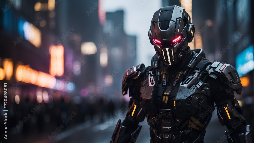 futuristic humanoid soldier robot in the middle of cyberpunk city futuristic humanoid soldier robot in the middle of cyberpunk city