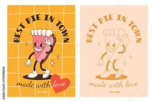 Set of fast food posters. Retro groovy cards with street food characters. Brochure with funky groovy burger, french fries, soda, ice cream, donut, pie, coffee to go, sandwich. Fast food delivery