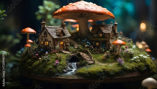 macro illustration of fairy village among mushroom homes, tiny houses, and little stream