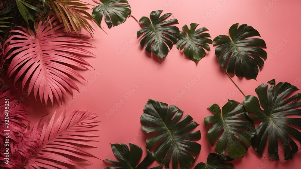 Transformation of nature, tropical leaves in a pink background