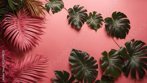 Transformation of nature, tropical leaves in a pink background © Unsake