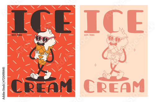 Set of fast food posters. Retro groovy cards with street food characters. Brochure with funky groovy burger, french fries, soda, ice cream, donut, pie, coffee to go, sandwich. Fast food delivery