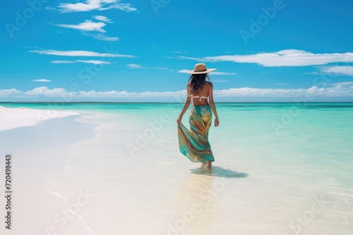 A Chinese woman wearing a colorful sarong is gracefully walking along a pristine white sandy beach, the crystal-clear turquoise water gently lapping at her feet