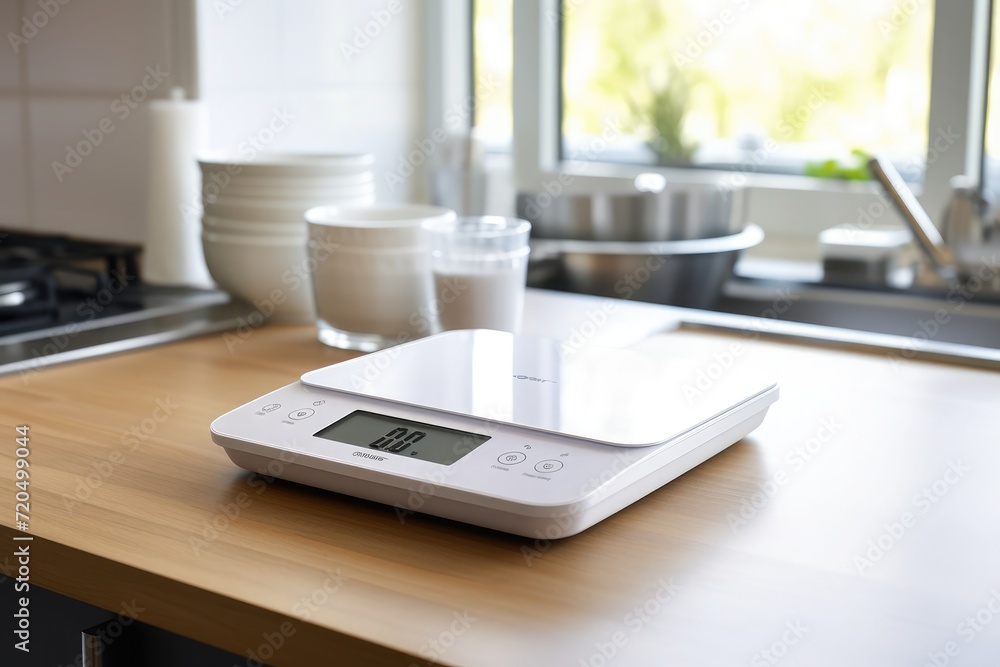 A weighing scale sits on a clean, white countertop, ready to measure and provide accurate weight readings for various objects, A weighing scale sits on a clean, white countertop, ready to measure and provide accurate weight readings for various objects,