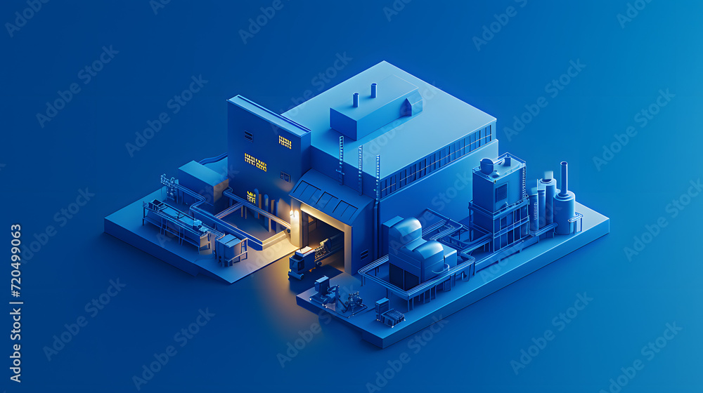 Isometric set representing factory building with pipes, truck, goods coming from conveyor Isometric set representing factory building with pipes, truck, goods coming from conveyor