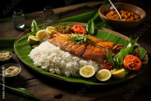 Rice with fish and vegetables on a banana leaf  Colorful Asian Traditional Meal on a Banana Leaf  Ai generated