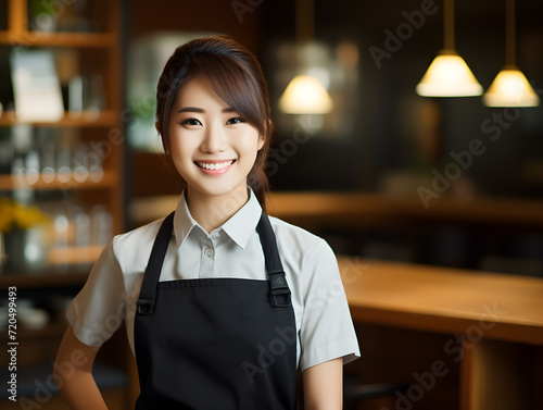 A smiling young asian female waitress