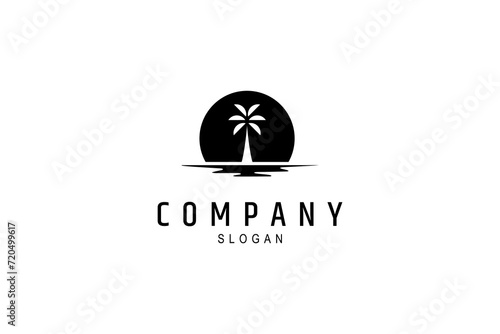 palm tree logo with sunset background in flat vector illustration design style