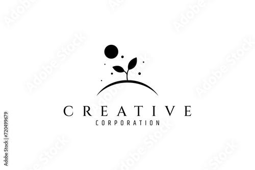 plant seed logo under sunlight with bubbles in flat vector design style