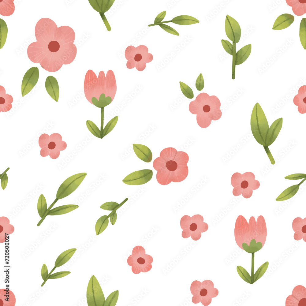 Vector hand drawn watercolor style illustration of Pink flowers seamless pattern 