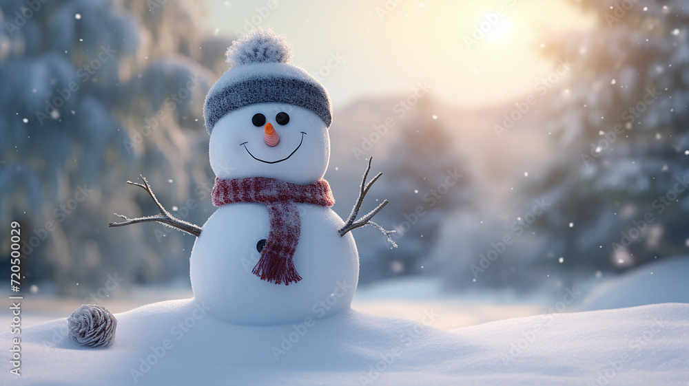 Fototapeta premium Snowman with a red scarf and hat on the background of the winter forest