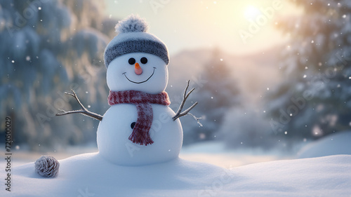 Snowman with a red scarf and hat on the background of the winter forest