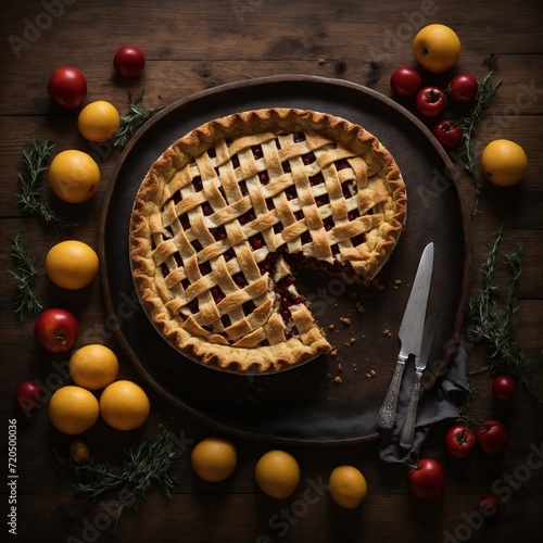 Pie cut like a cake shpae piece and by the side there is a knife, top airal shot and oranges are in background photo