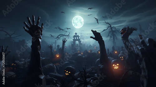 halloween, zombie, hand, rising, graveyard, cemetery, full moon, spooky night, mysterious, forest,