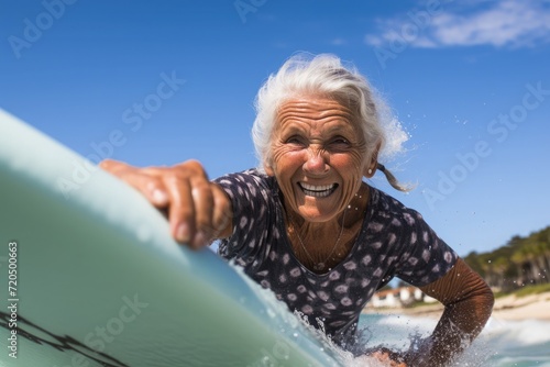 Full body photograph of a lady surfing ,around 55 years old, a little overweight, short grey-haired woman, white woman, surf board, beach background, realism, dynamic pose, perfect detailed face,