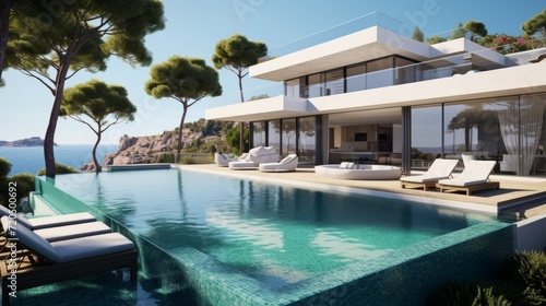 Modern luxury summer villa with a relaxation area, a large swimming pool against the blue sky by the sea.