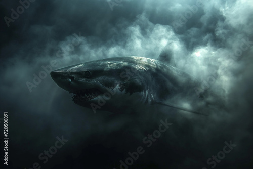 The contours of a megalodon in the mist. Mist texture. Abstract art background with free space. Dark concept photo