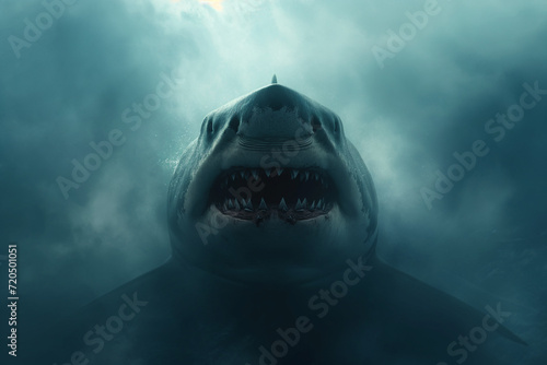 The contours of a megalodon in the mist. Mist texture. Abstract art background with free space. Dark concept