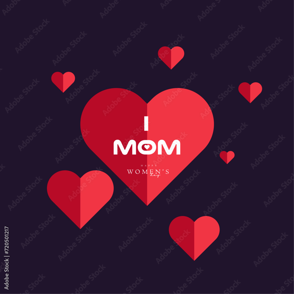 I Love mom text on dark background,The International Women Day with hearts banner. Hearts shapes for Women Day banner background