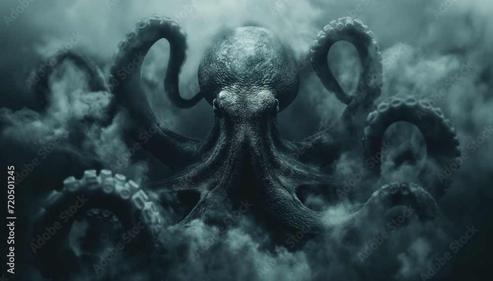 Kraken, a giant octopus emerging from the depths. Dark concept - obrazy, fototapety, plakaty 