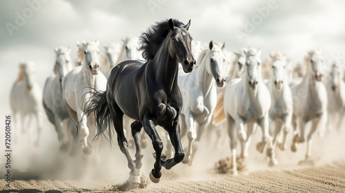 a dark horse  sleek black horse sprints ahead of a blur of white horses  kicking up a storm of dust on the track