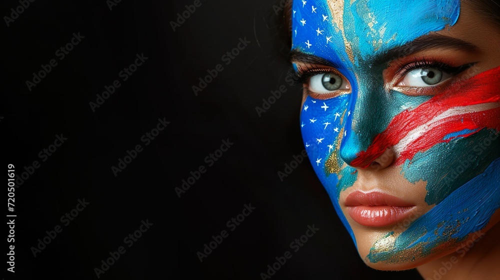 Beautiful woman with painted face, USA flag face paint