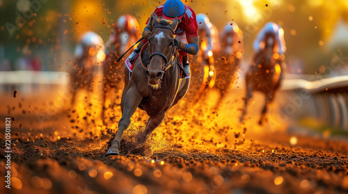 racehorse charges ahead on a dirt track, flinging clods of earth as a jockey crouches low over its back, focused on the win