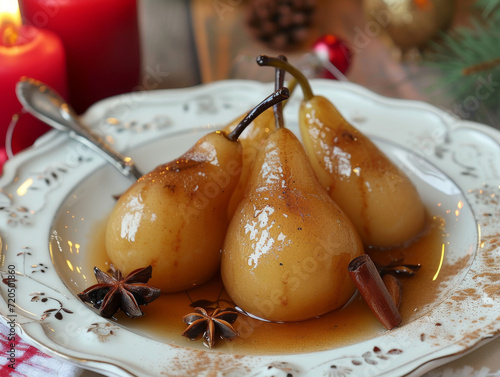 Poached pears in syrup with cinnamon and star anise.