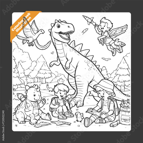 Vector cute coloring book illustration of kids playing with dinosaur